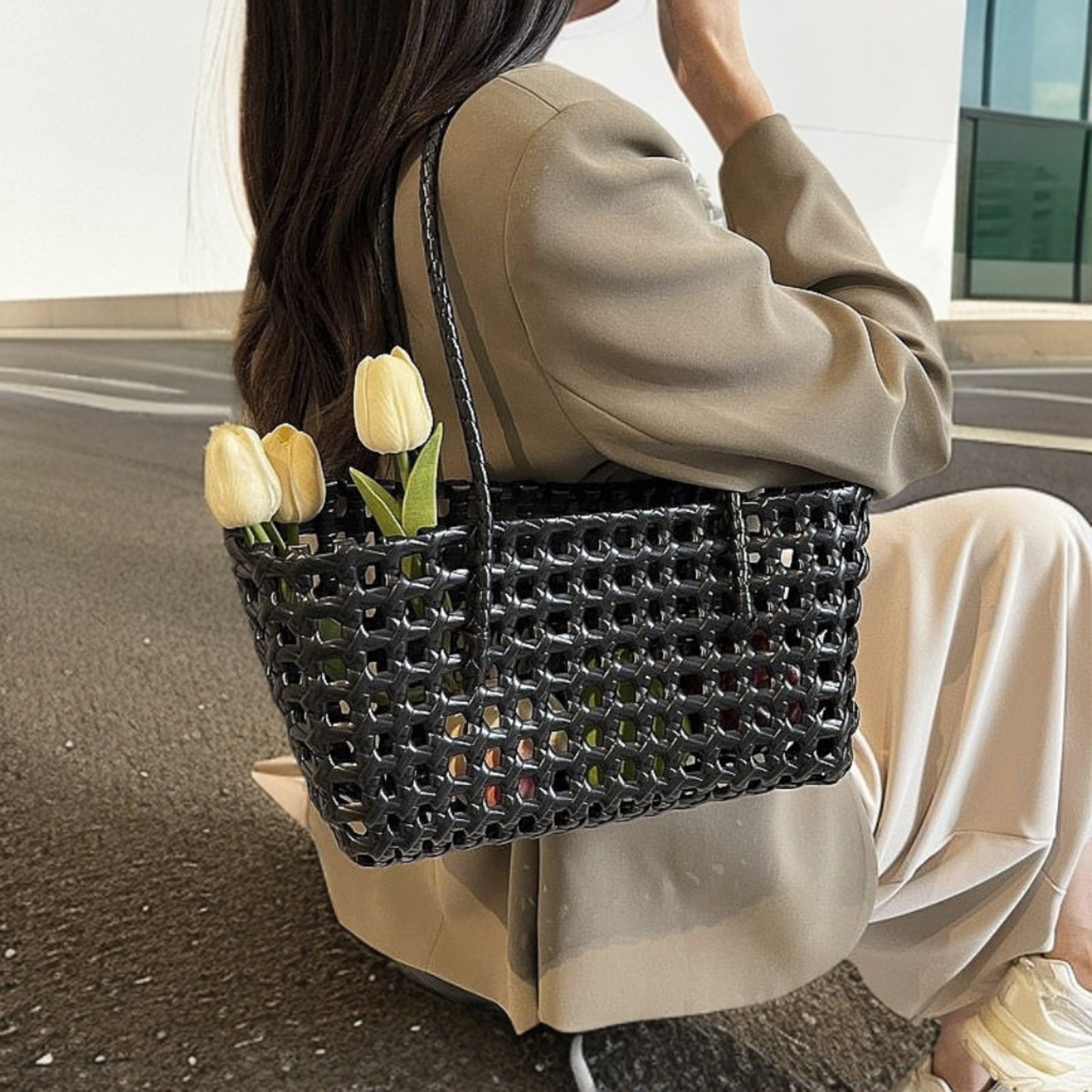 Openwork Crochet PVC Beach Tote Market Bag