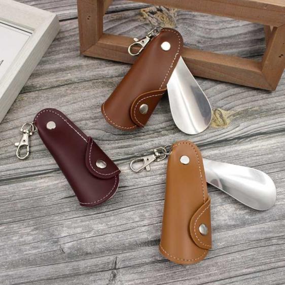 PU Leather Shoehorn Portable Shoe Horn Keychain Metal Shoe Lifter