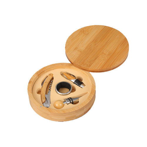 Bamboo And Wood Round Box Red Wine Opener Set