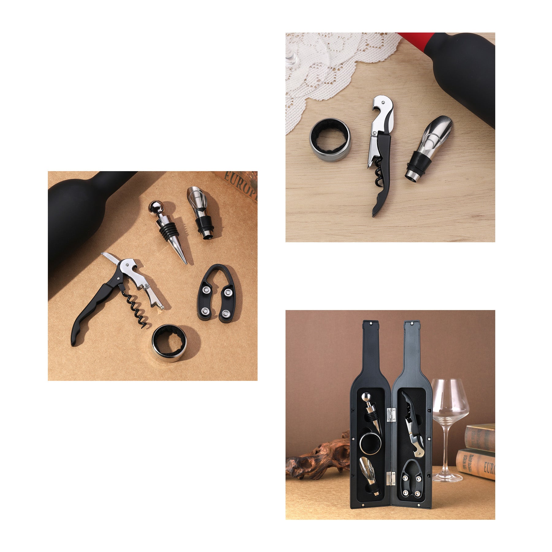 5 Piece Wine Tool Set In Bottle Shape Black Case