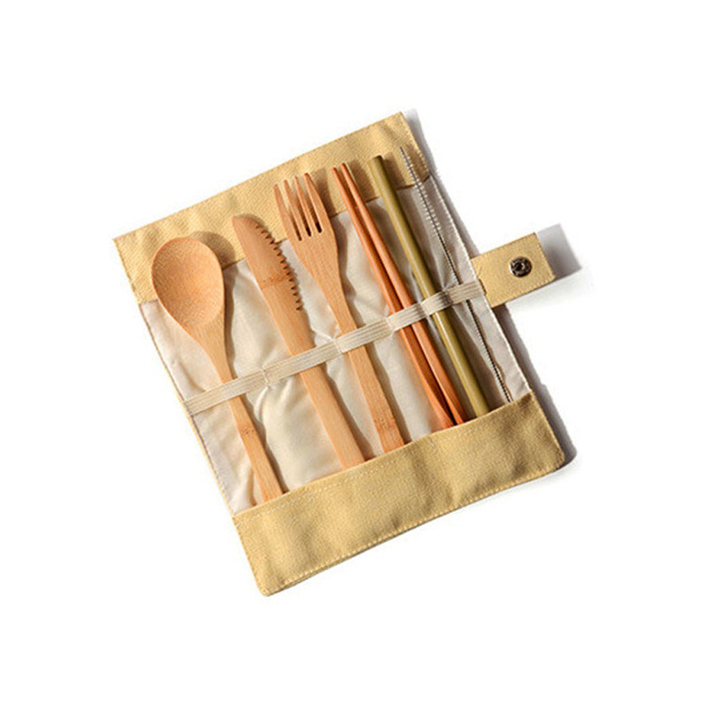 Portable Bamboo Flatware Set With Foldable Canvas Bag