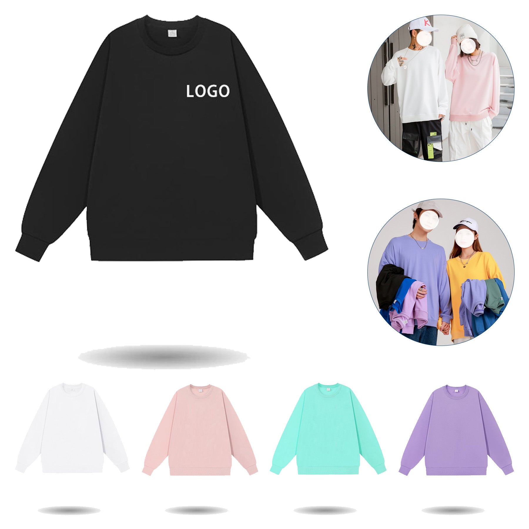 Cotton Blend Crewneck Sweatshirts W/ Fleece Lining
