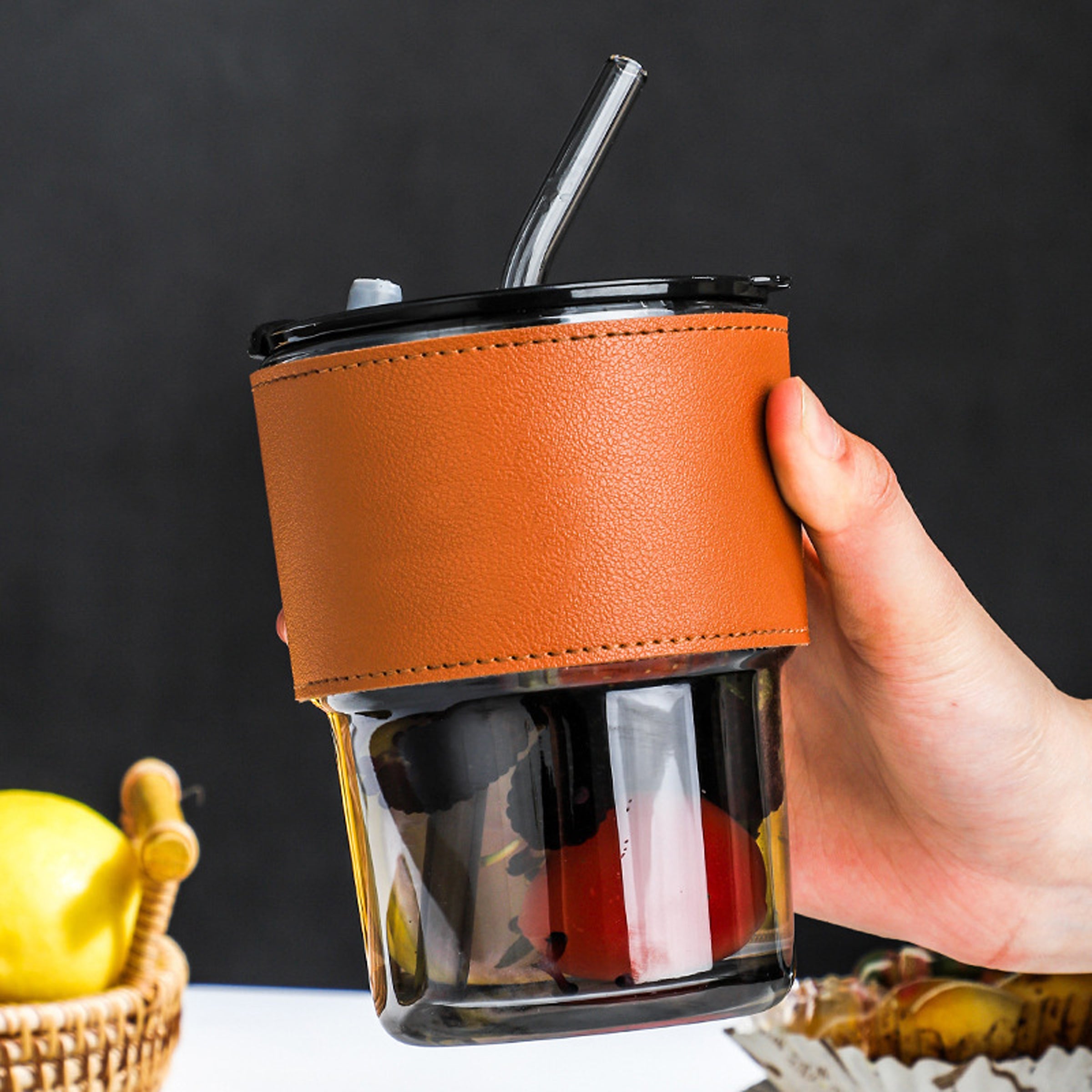 15Oz Glass Tumbler With Glass Straw And Lid