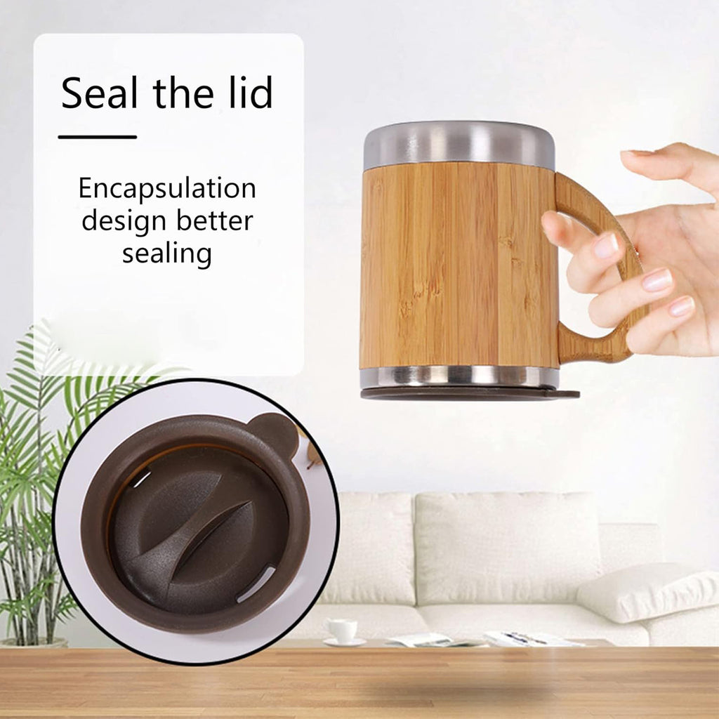 12 Oz Bamboo Stainless Steel Coffee Mug With Lid Handle