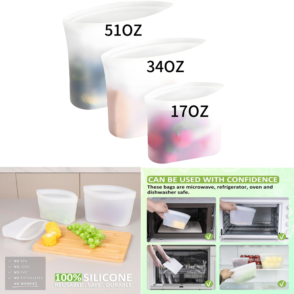 3 - Piece Reusable Silicone Food Storage Bag Set