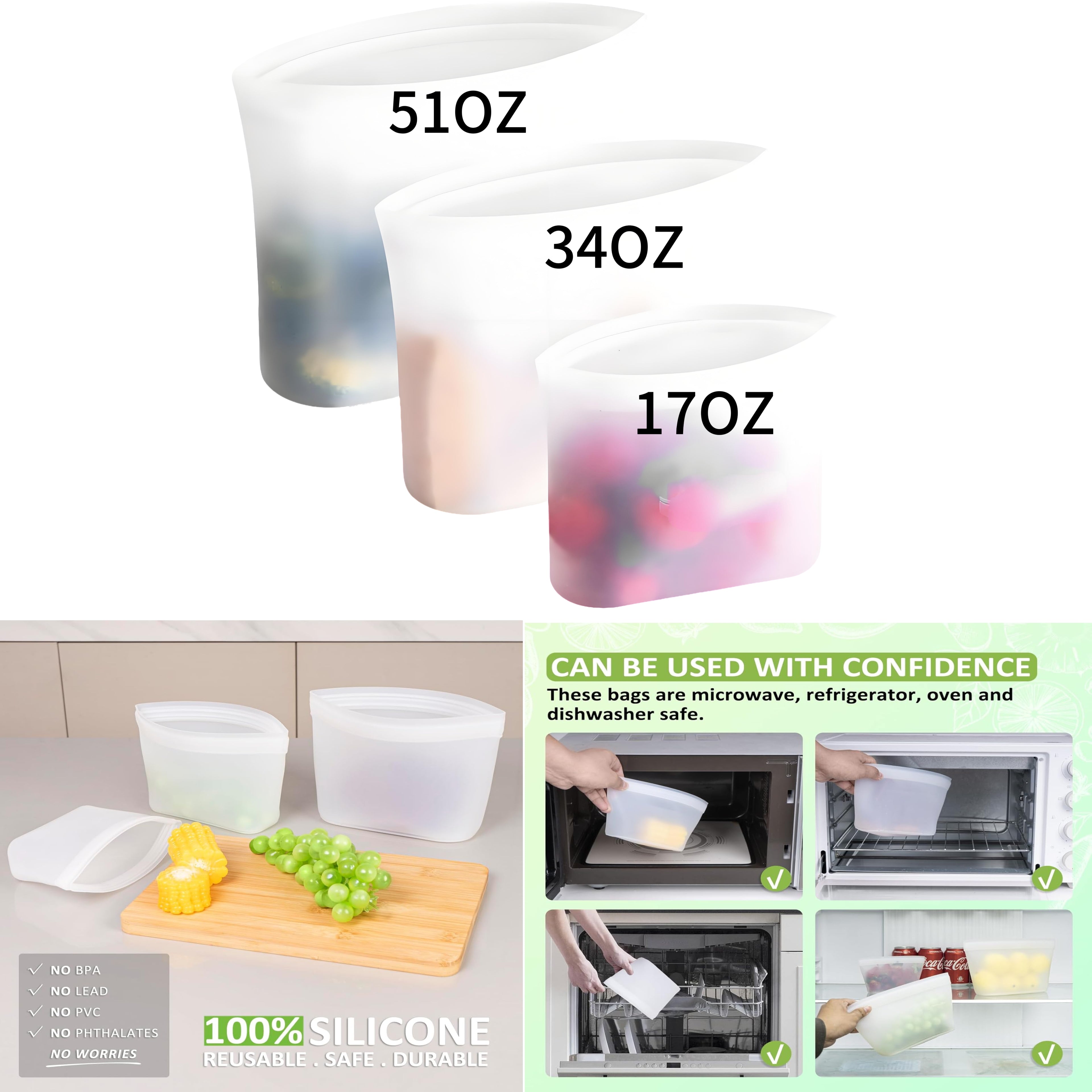 3 - Piece Reusable Silicone Food Storage Bag Set