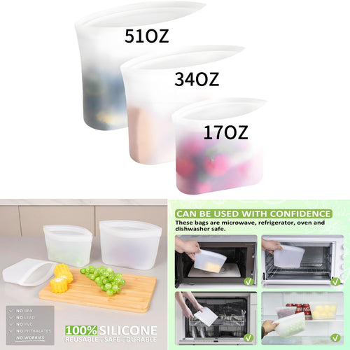 3 - Piece Reusable Silicone Food Storage Bag Set