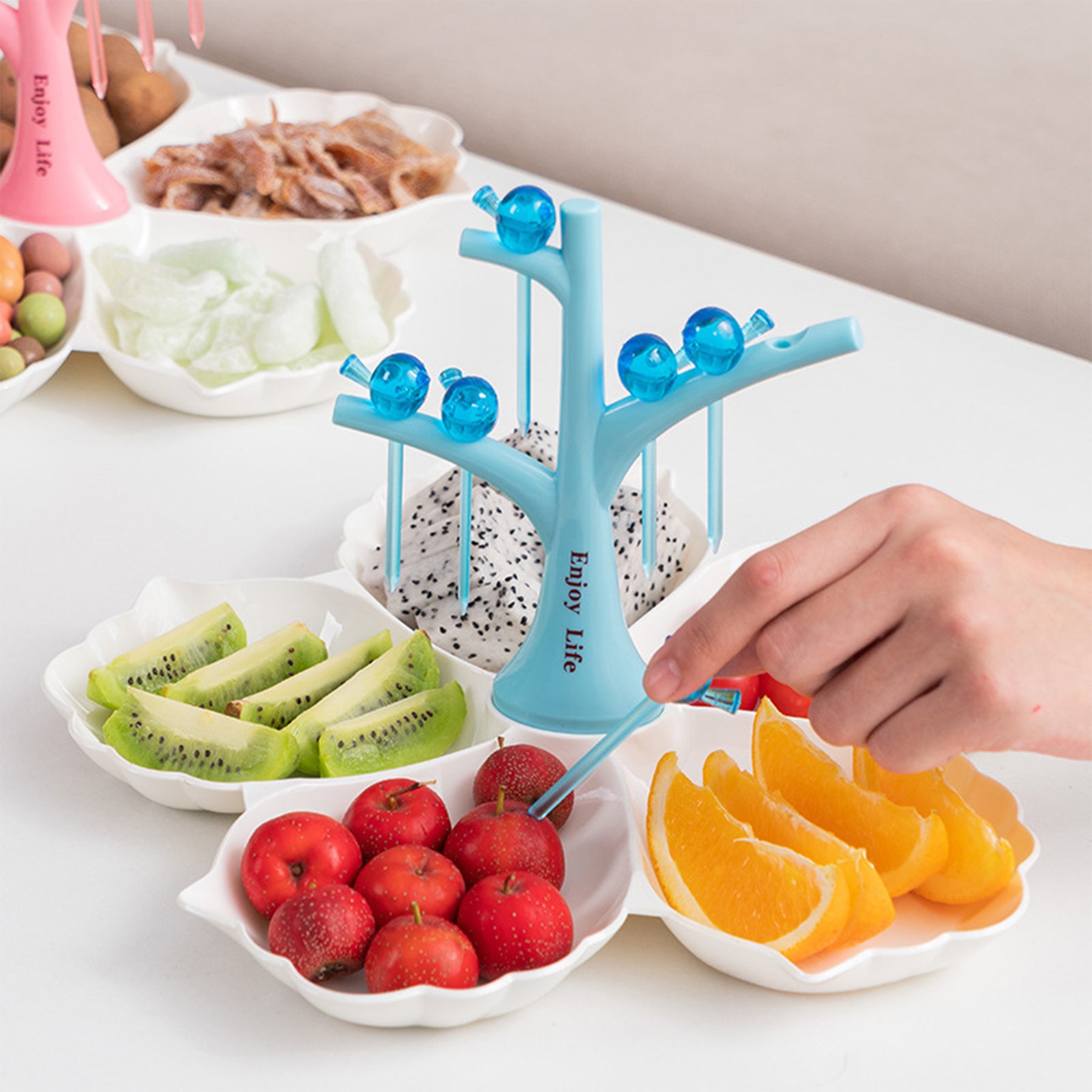 Five Grids Shell Fruit & Candy Tray With Six Bird Forks