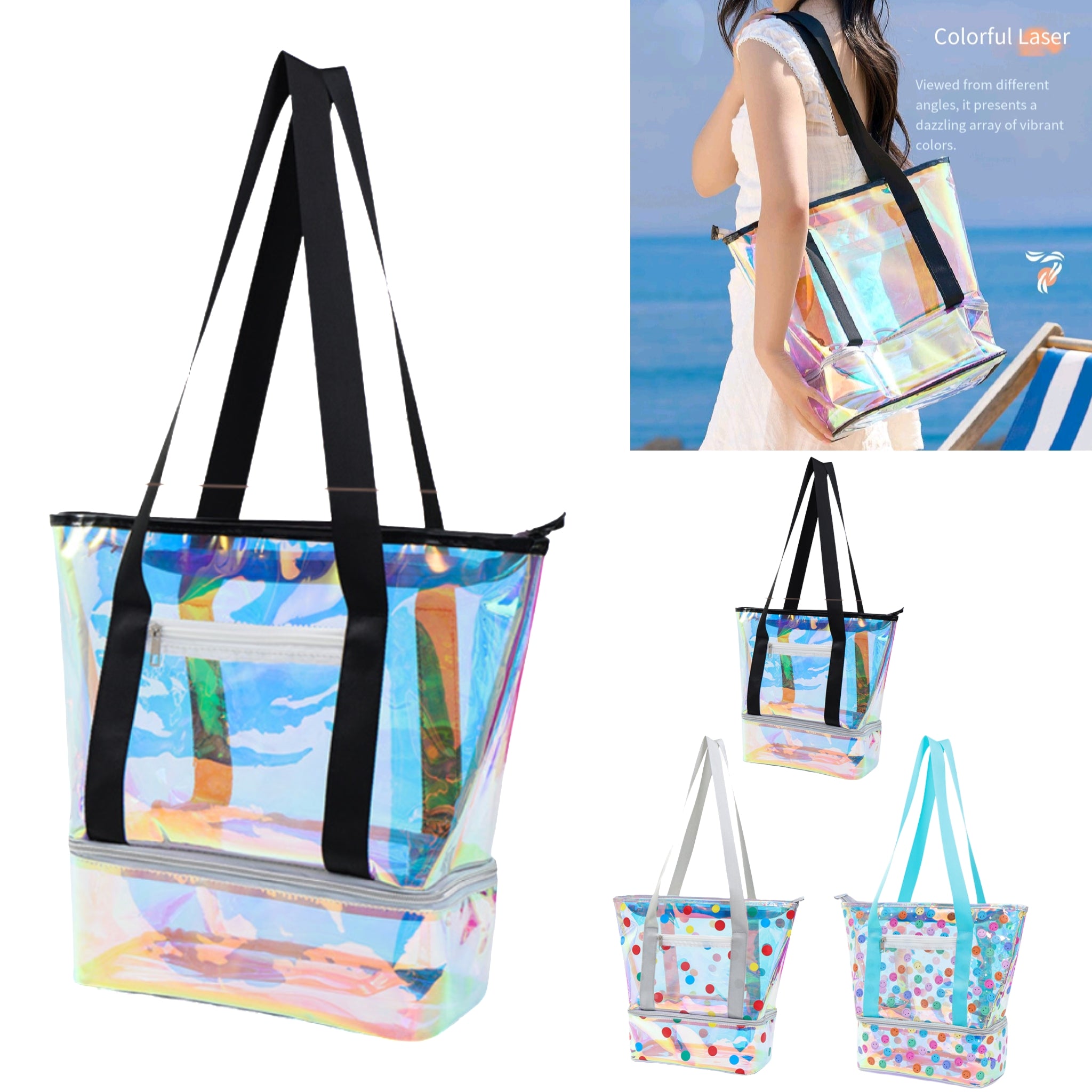 PVC Holographic Wet Dry Beach Bag Separate Shoe Compartment