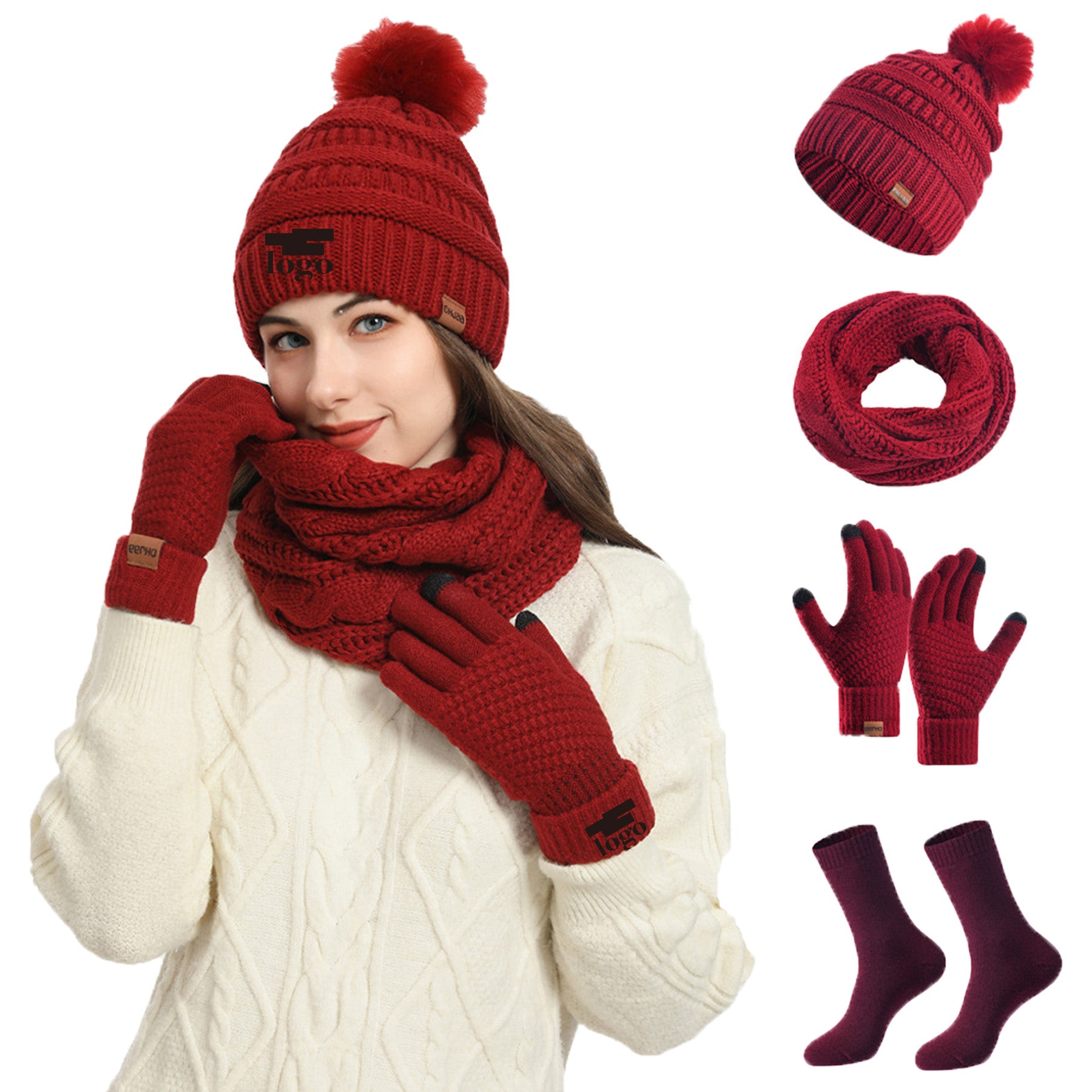 Knitted Beanie Hat Scarf Gloves Socks Set