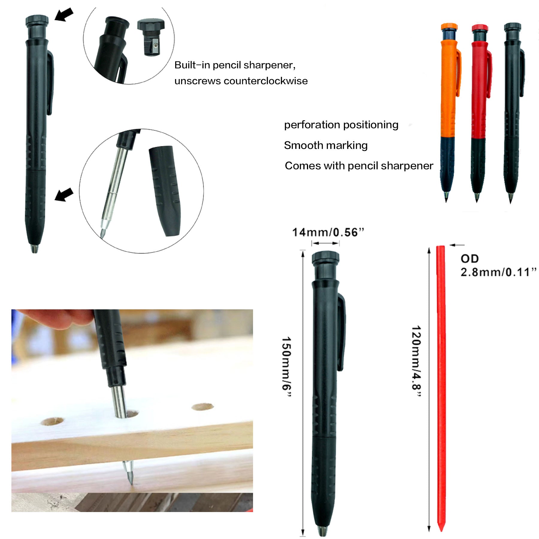New Deep Hole Mechanical Carpenter Pencil (With 6 Refills)