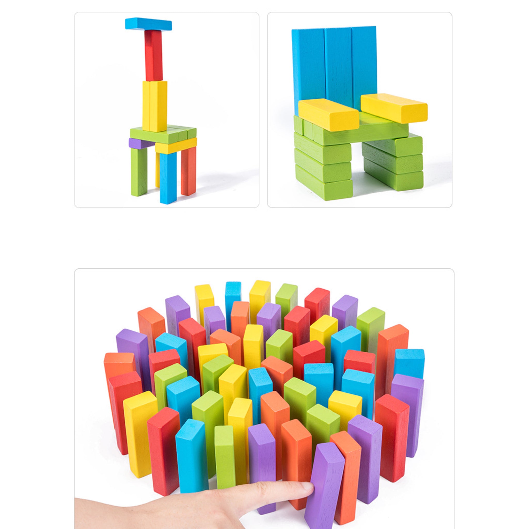 Colorful Rubber Wood Stacking Tower Game (51 Blocks + 2 Dice)