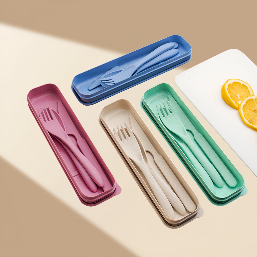 Colorful Portable Four-Piece Set Of Knife, Fork, Spoon And Their Case Made Of Pp Material