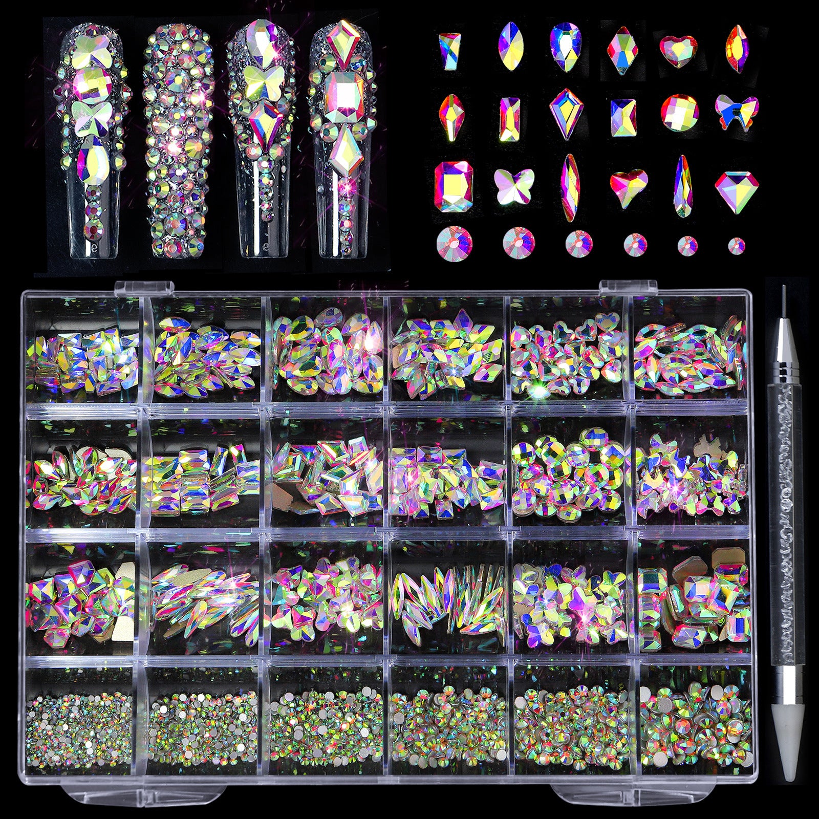 2400 pcs Flat Back AB Nail Rhinestones Multi Shape