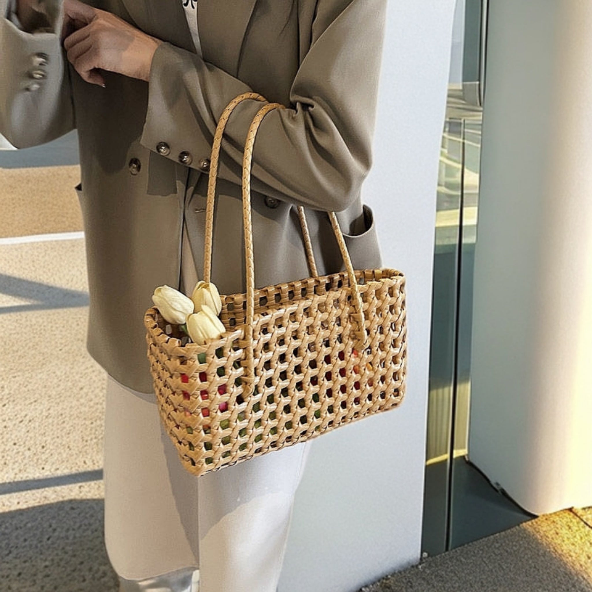 Openwork Crochet PVC Beach Tote Market Bag