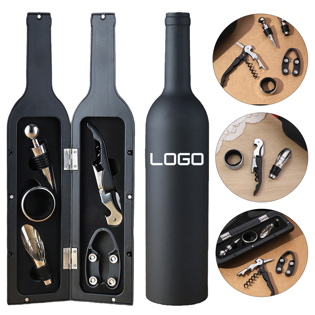 5 Piece Wine Tool Set In Bottle Shape Black Case
