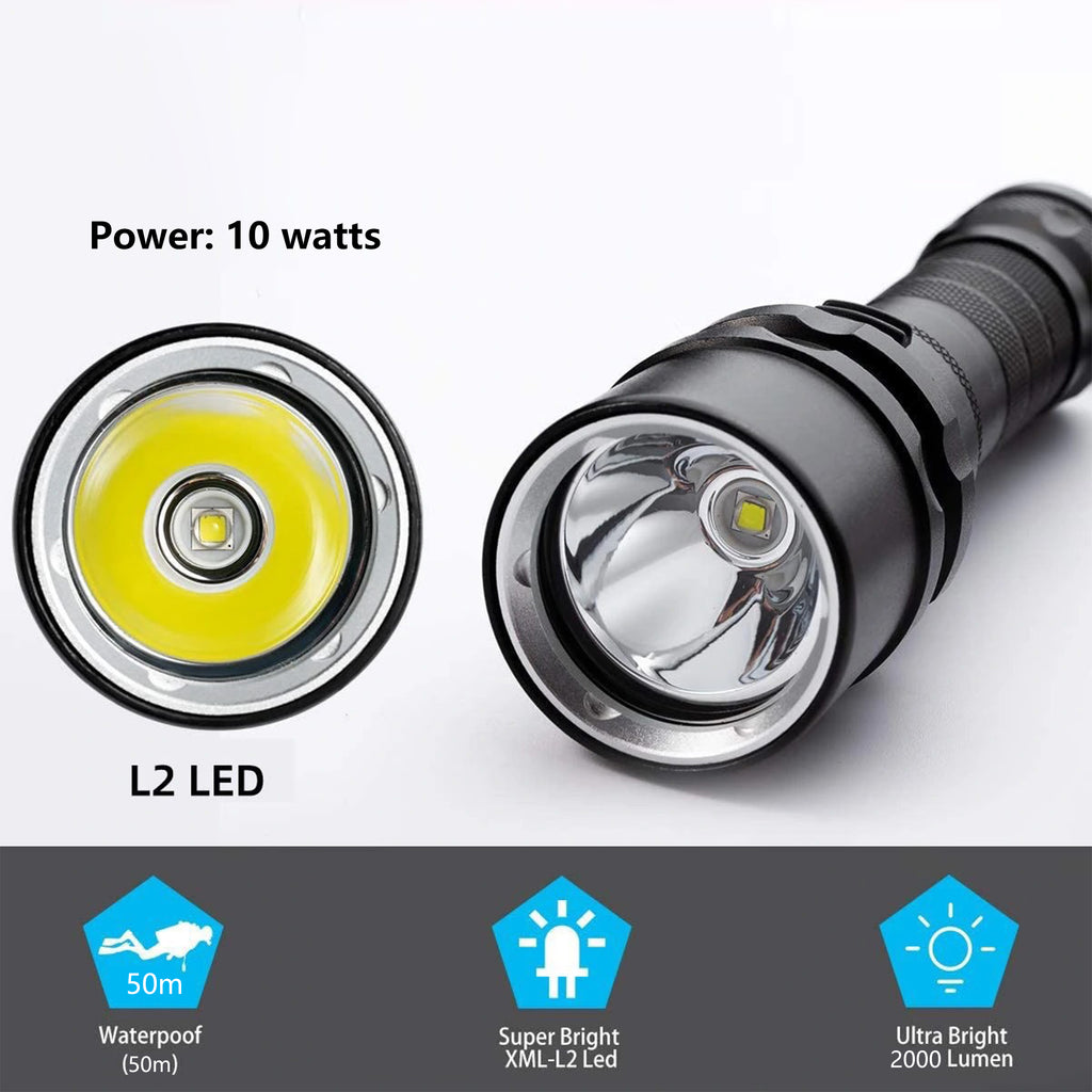 Scuba Diving Flashlight Torch 2000 Lumen IPX8 Waterproof