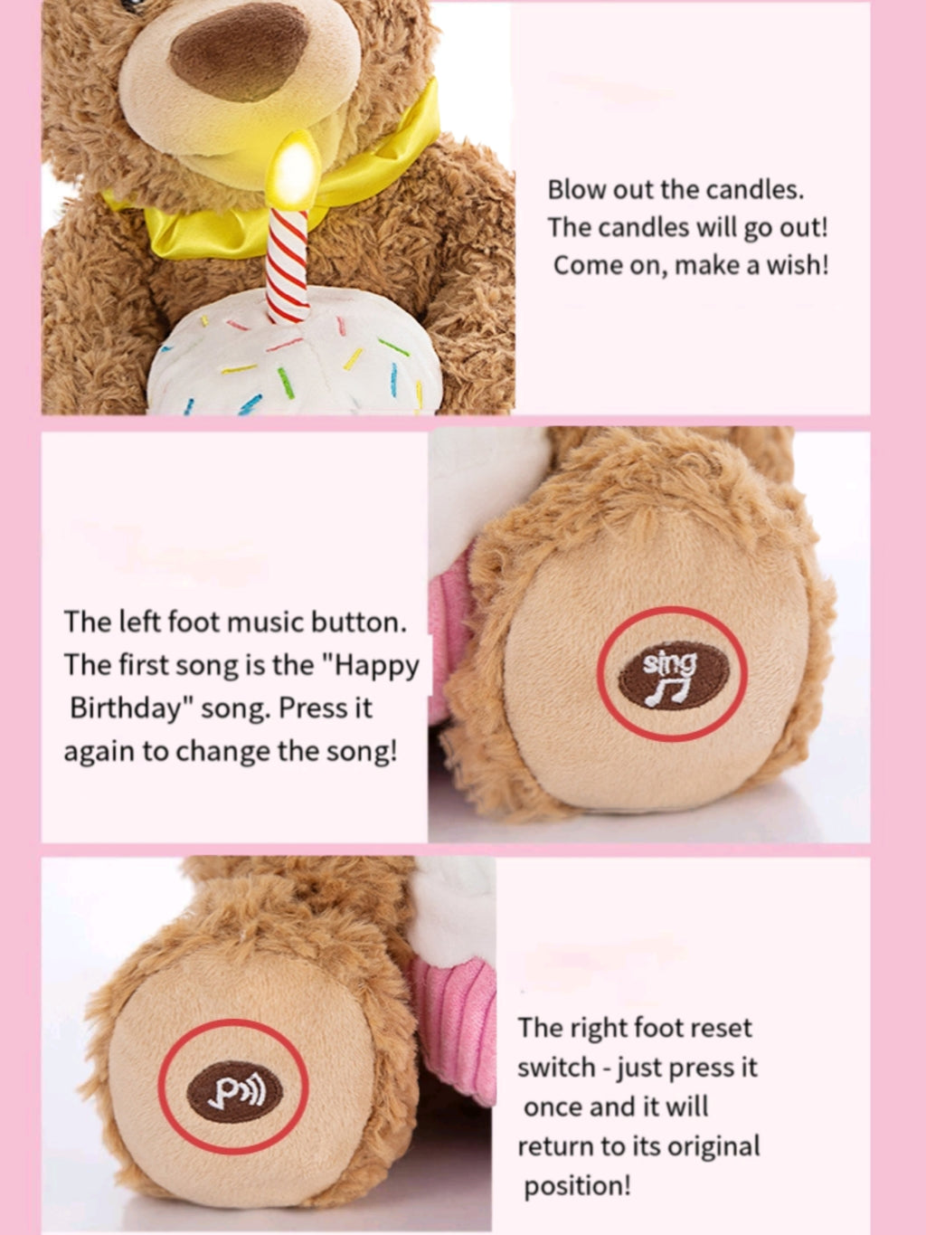 Birthday Singing Teddy Bear Plush Toy Cake Companion Gift