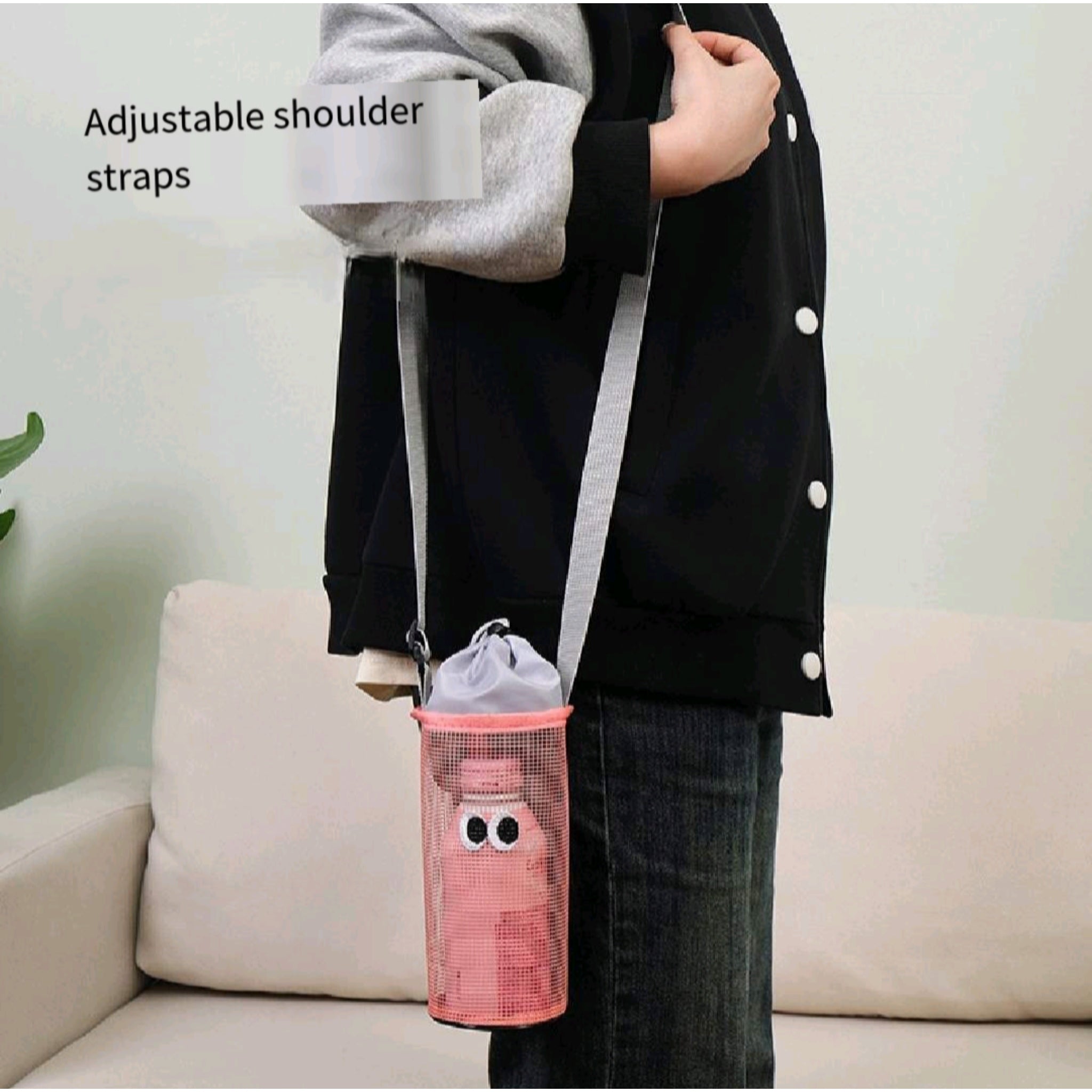 Drawstring Lock Bottle Carrier Adjustable Crossbody Mesh
