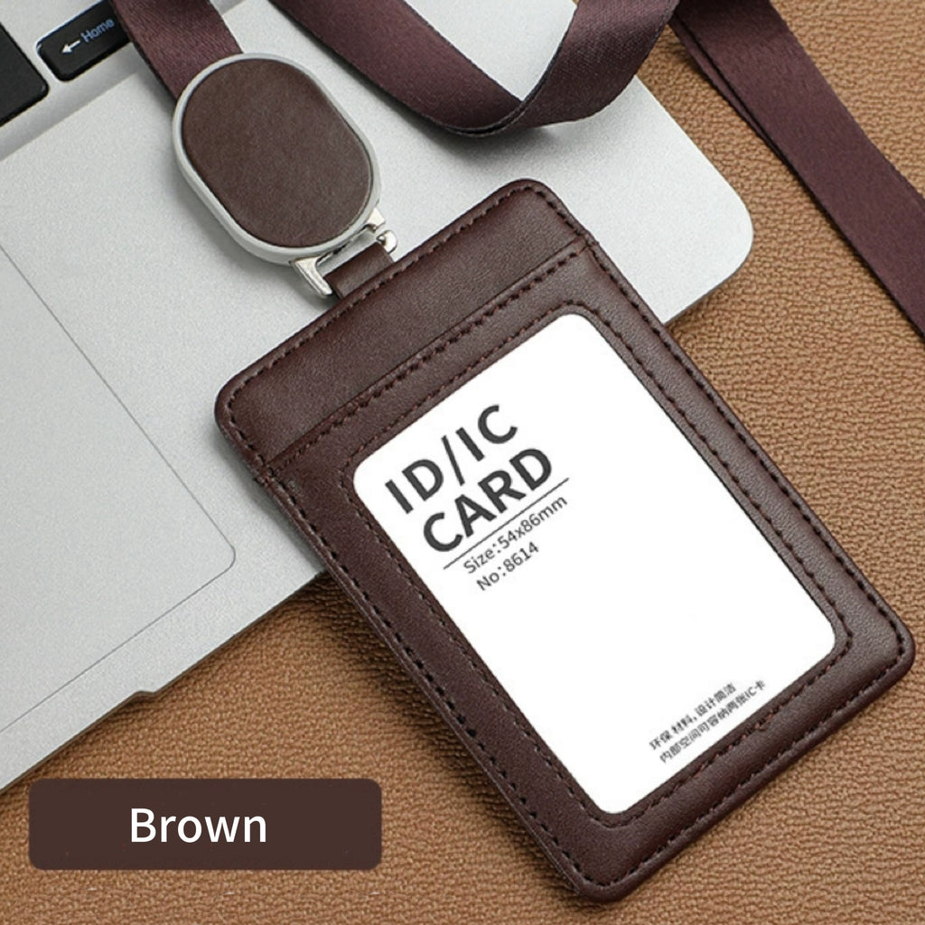 Leather ID Card Holder and Retractable Lanyard Set