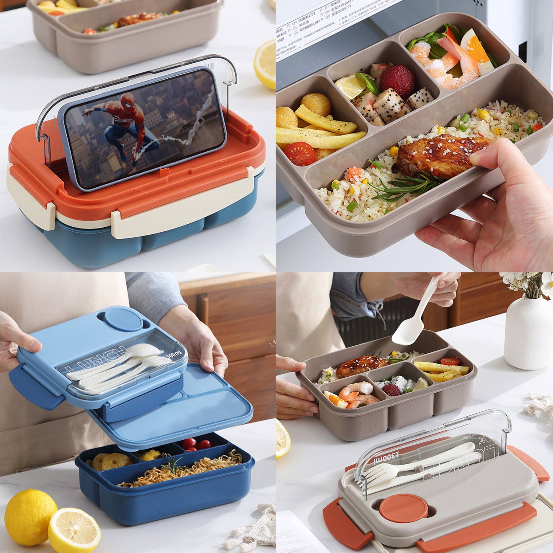 Single 4-Compartment Lunch Box With Phone Holder