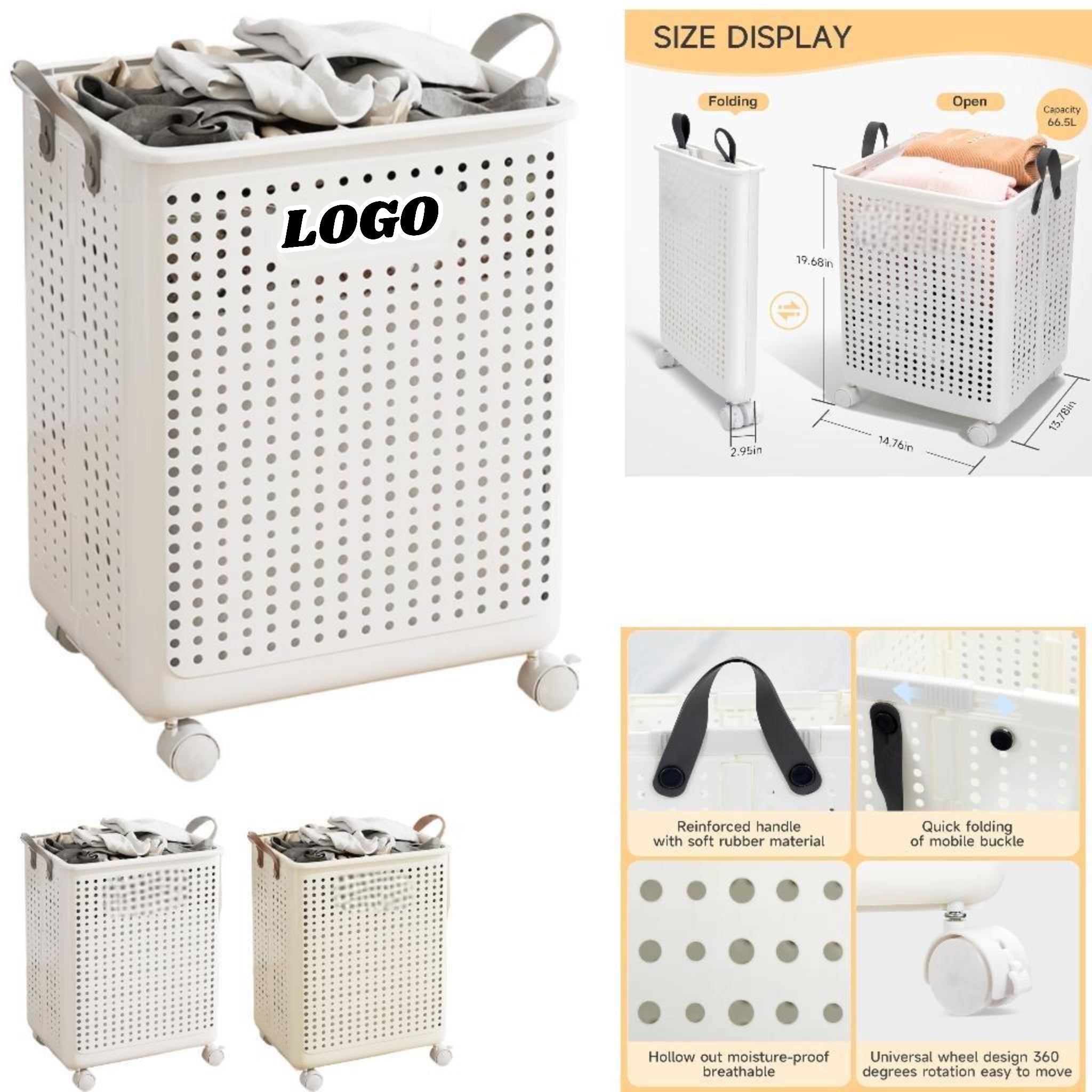 Foldable PP Laundry Basket with Wheels