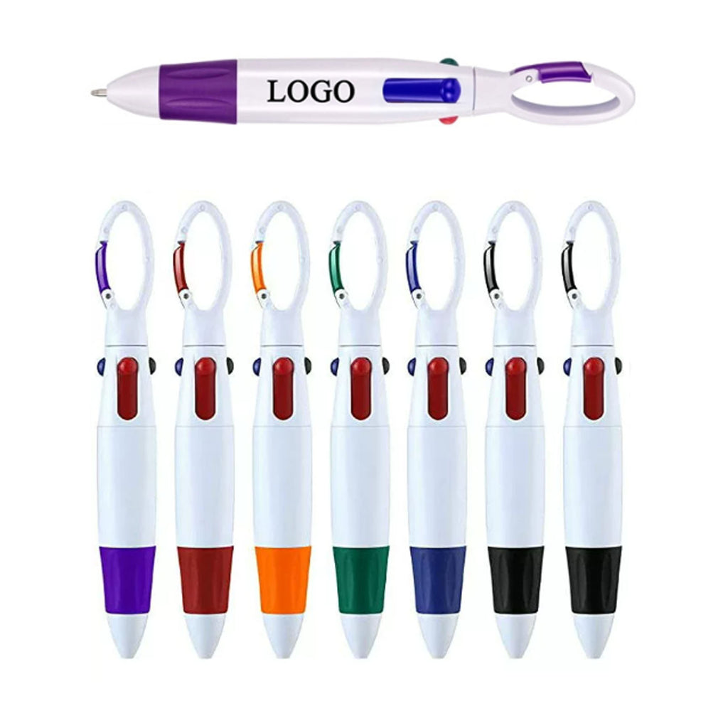 4 Color Retractable Ballpoint Pen with Carabiner Clip