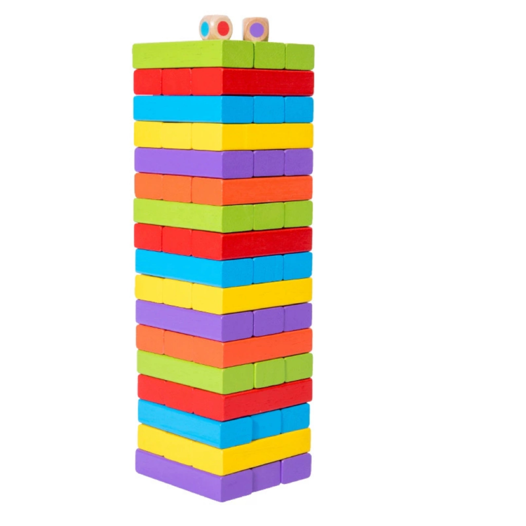 Colorful Rubber Wood Stacking Tower Game (51 Blocks + 2 Dice)