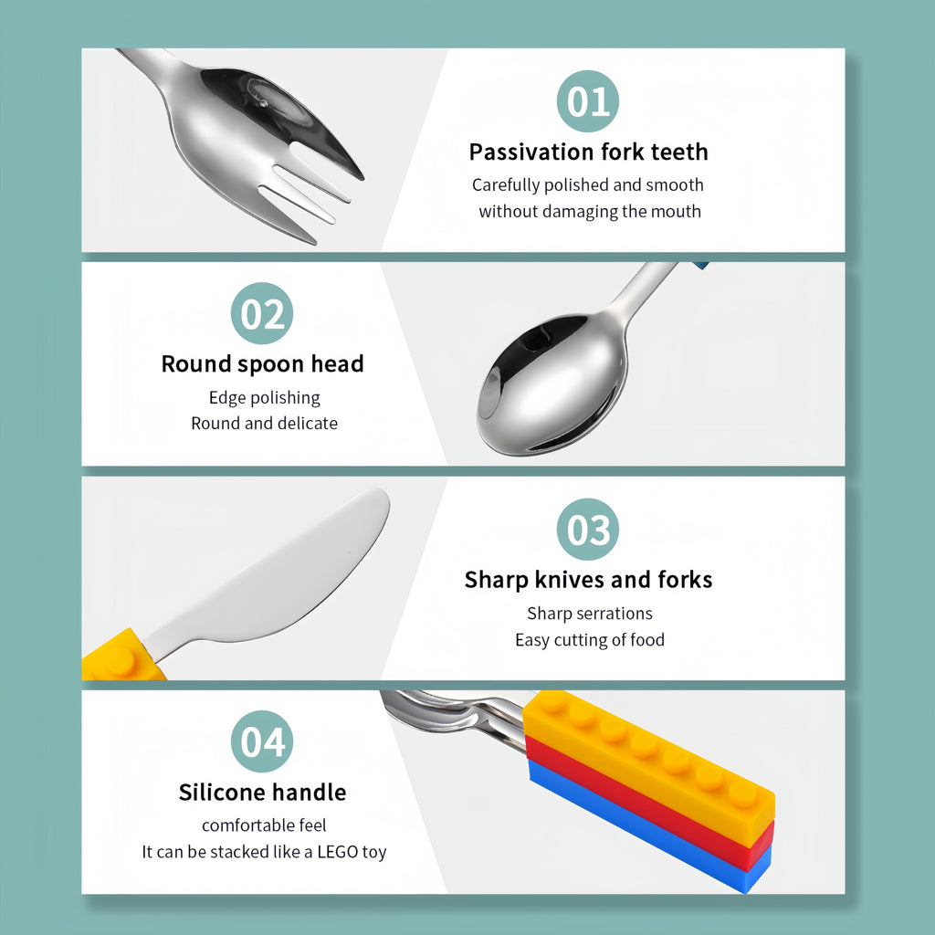 Silicone Building Blocks Stainless Steel Kids Cutlery Set