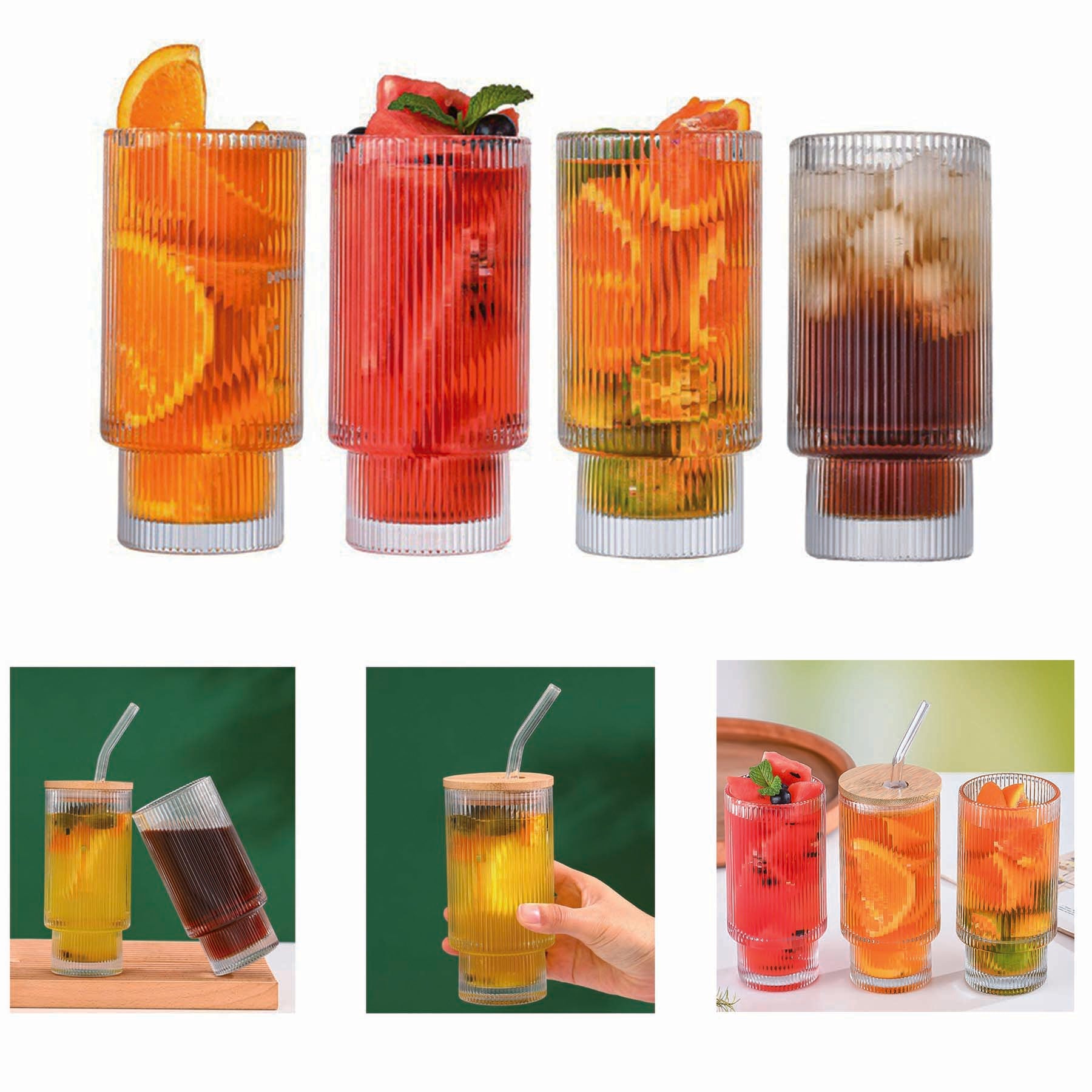 Ribbed Drinking Glasses With Lids And Straws