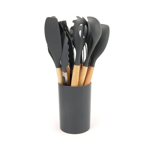12-Piece Silicone Kitchen Utensil Set With Wooden Handles