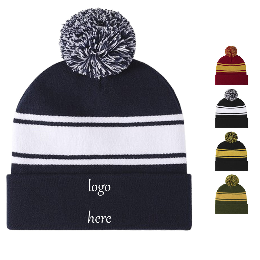 Colored Striped Knitted Beanie With Hairball