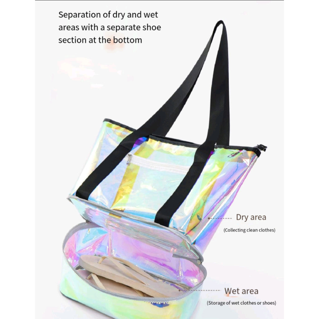 PVC Holographic Wet Dry Beach Bag Separate Shoe Compartment