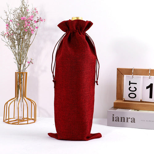 Bunched Mouth Linen Wine Bag