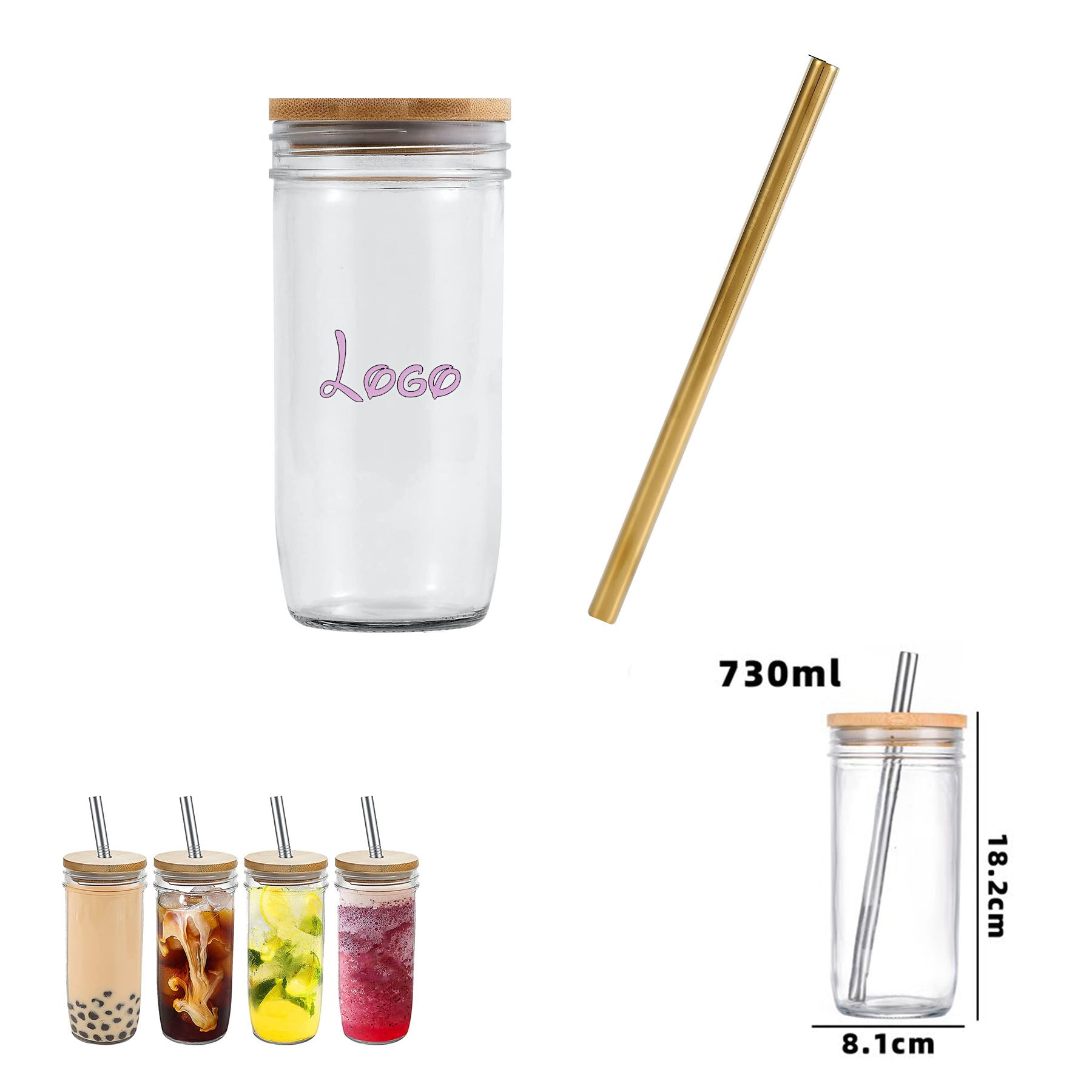 24 Oz. Bamboo Lid Mason Jar With Stainless Steel Straw