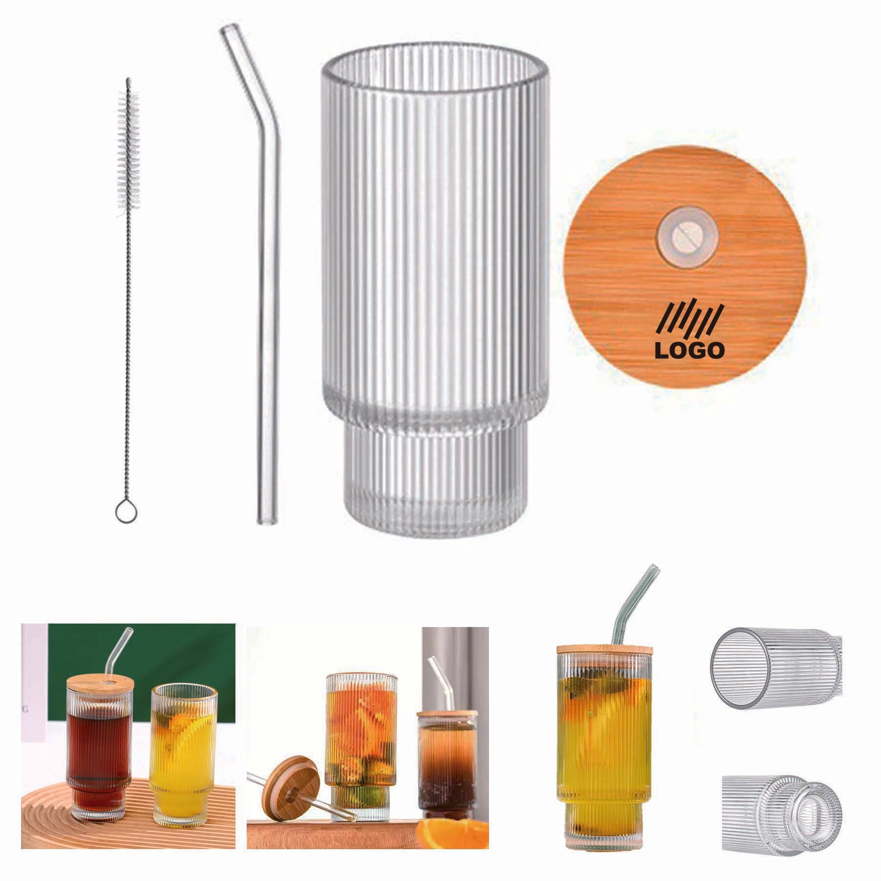 Ribbed Drinking Glasses With Lids And Straws