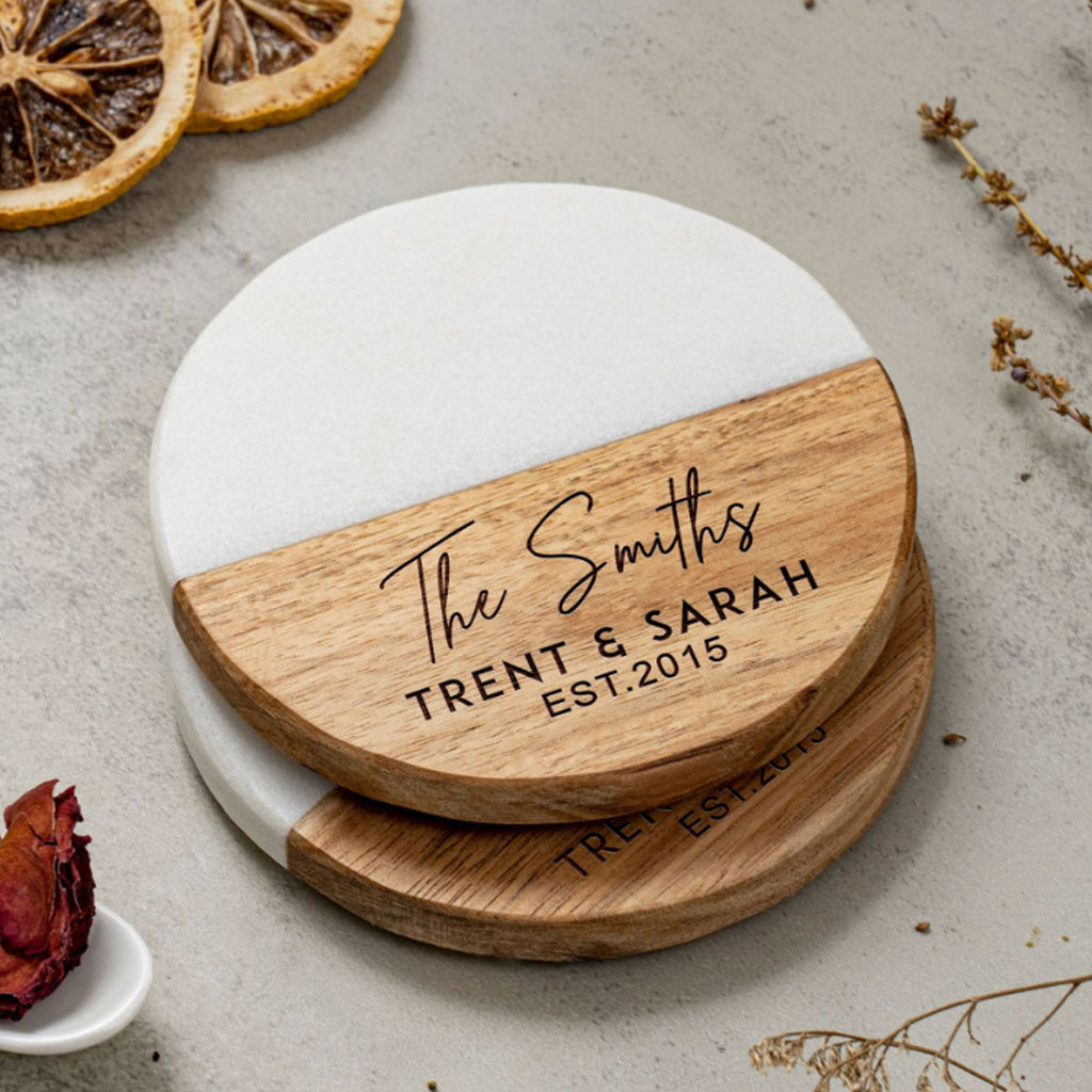 3.9" Practical Round Hybrid Wood & Marble Coaster