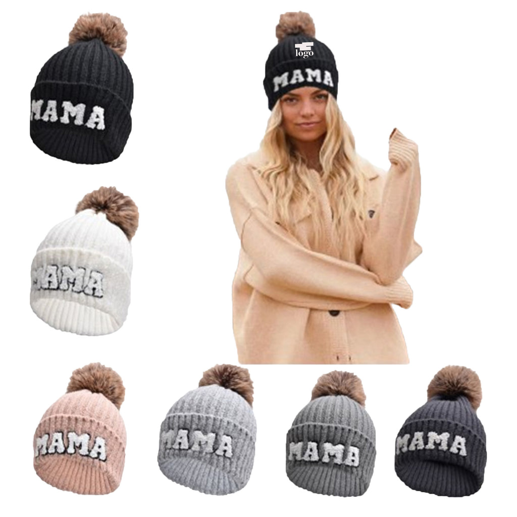 Embroidered Letter Pompom Knitted Beanie Hat