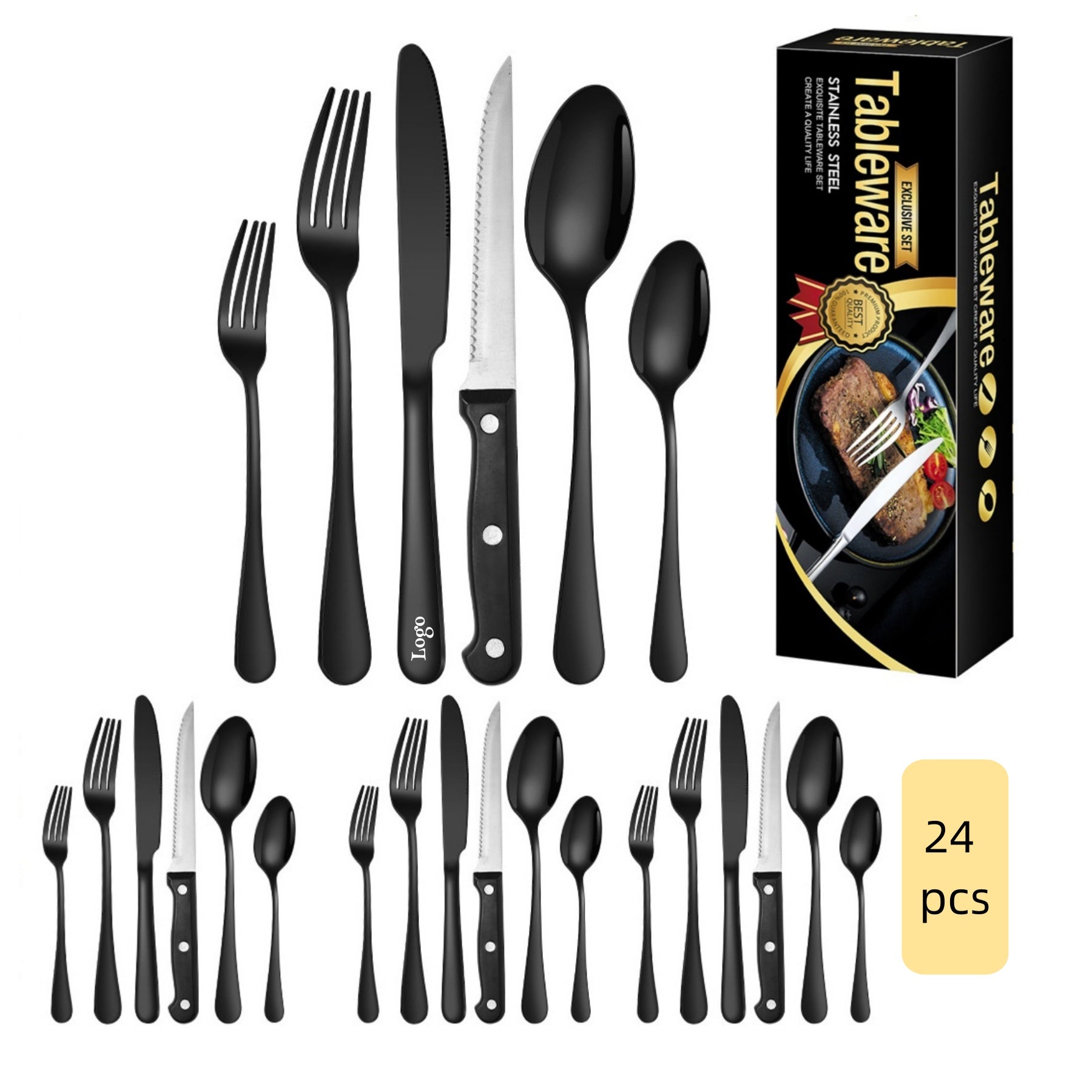 24-Piece Black Silverware Stainless Steel Cutlery Set