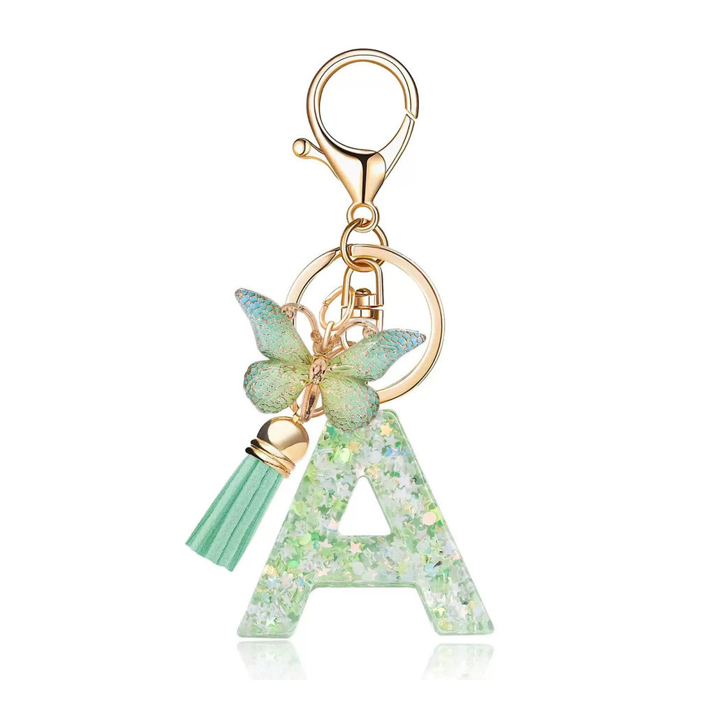 Resin Initial Keychain With Butterfly Pendant