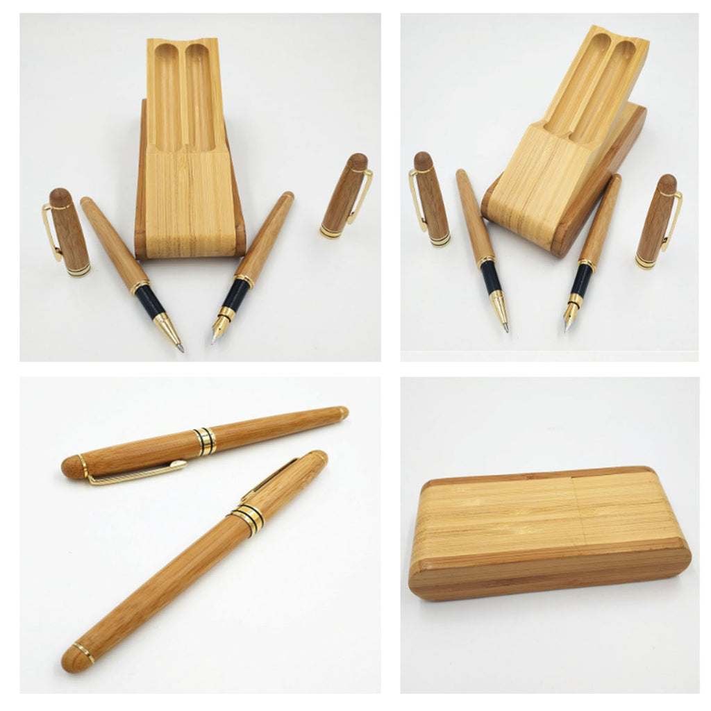 Creative Bamboo Gel Ink Rollerball Pen And Fountain Pen Set