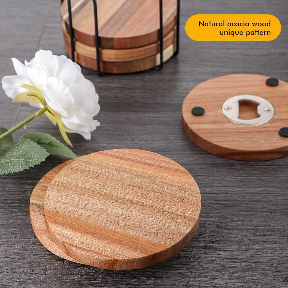 Wood Coaster Set With Built-In Bottle Opener