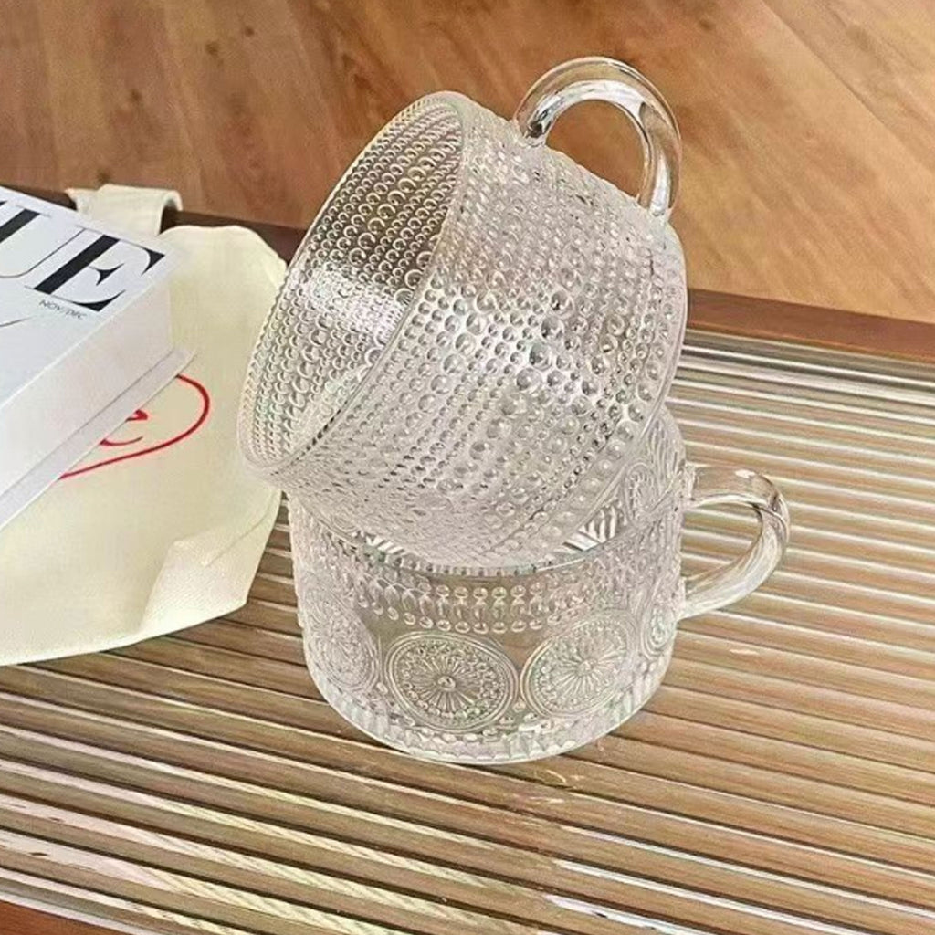 14Oz Embossed Glass Iced Coffee Mugs Cups