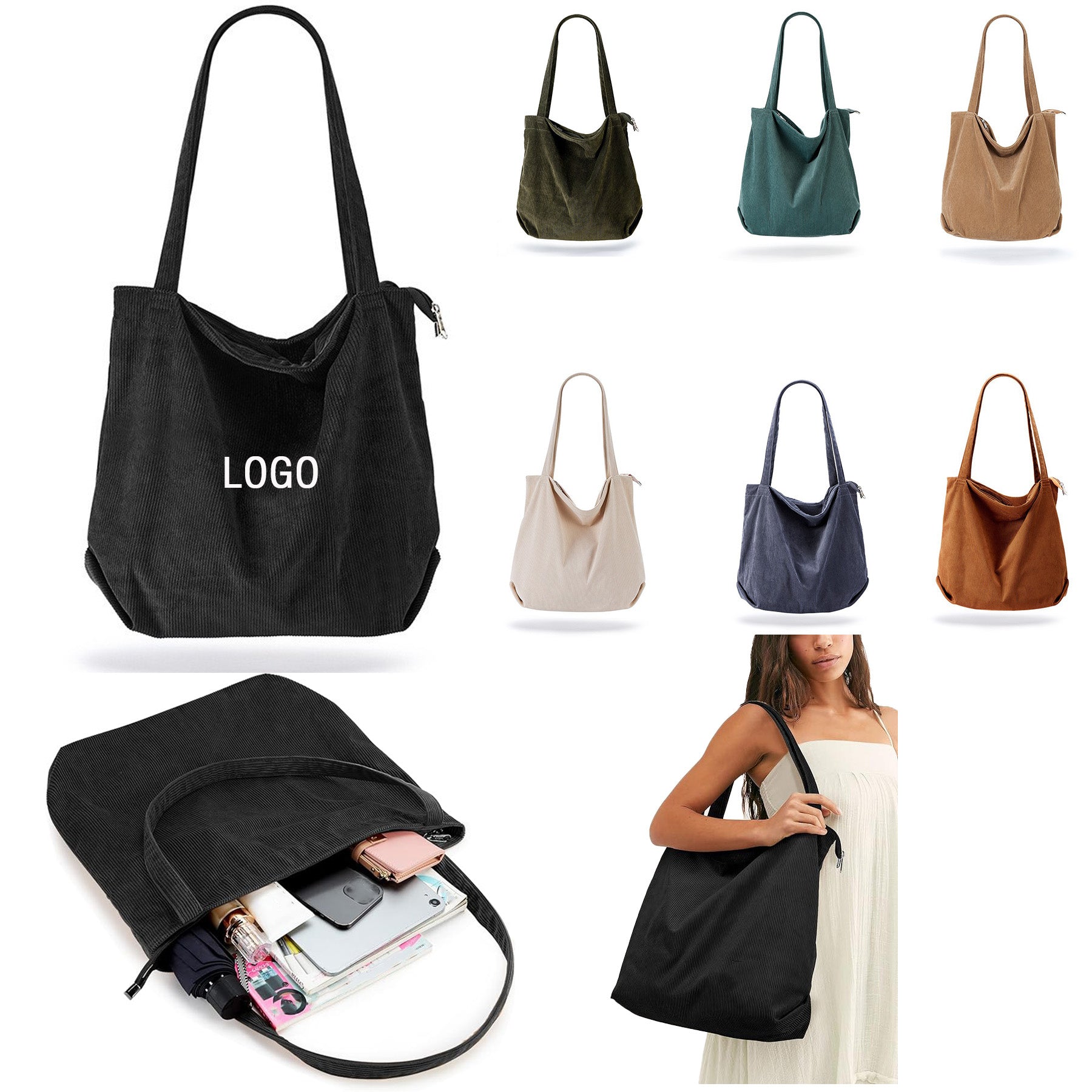 Corduroy Tote Bag with Zipper and Pockets Big Capacity