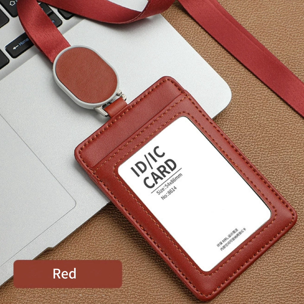 Leather ID Card Holder and Retractable Lanyard Set