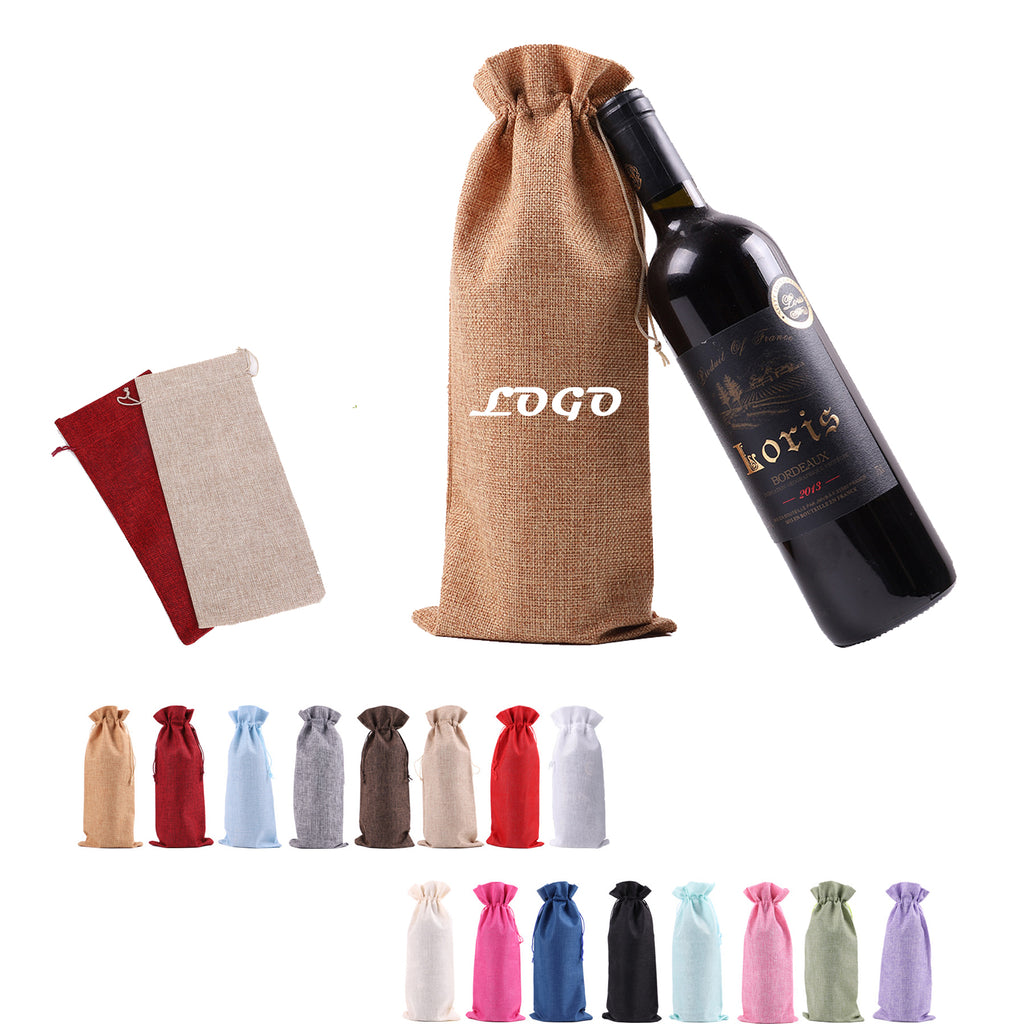 Bunched Mouth Linen Wine Bag