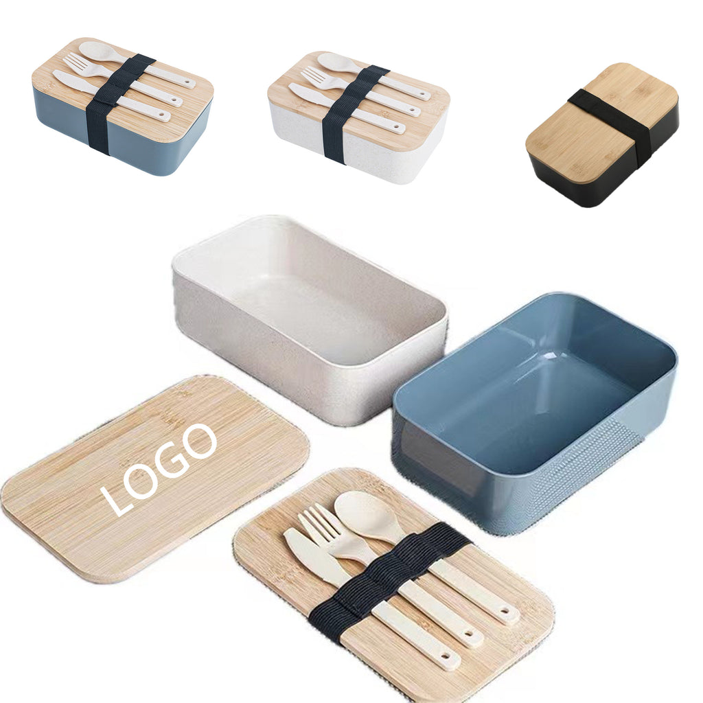 Wheat Straw Lunch Box With Nature Bamboo Lid & Utensils