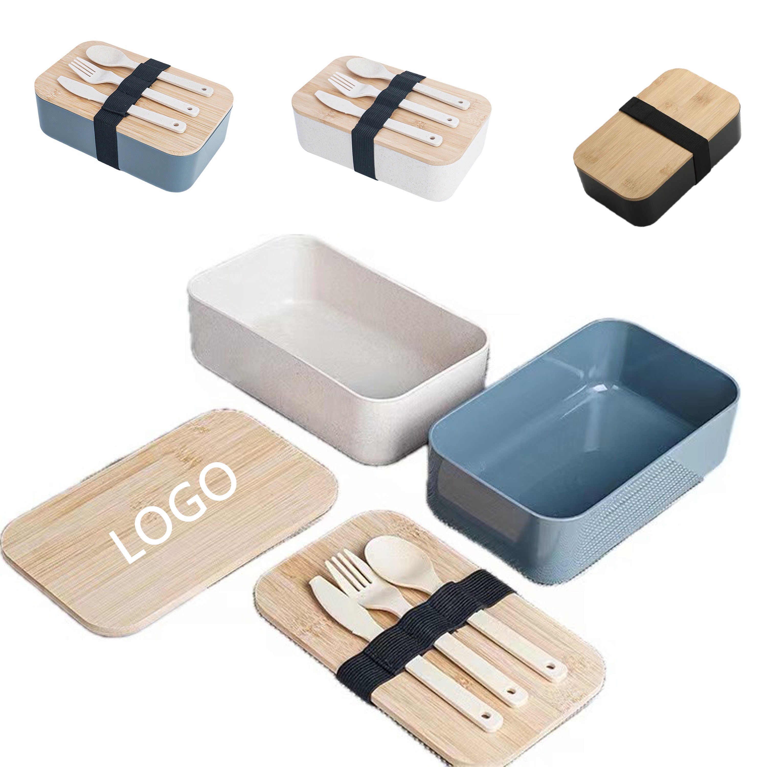 Wheat Straw Lunch Box With Nature Bamboo Lid & Utensils