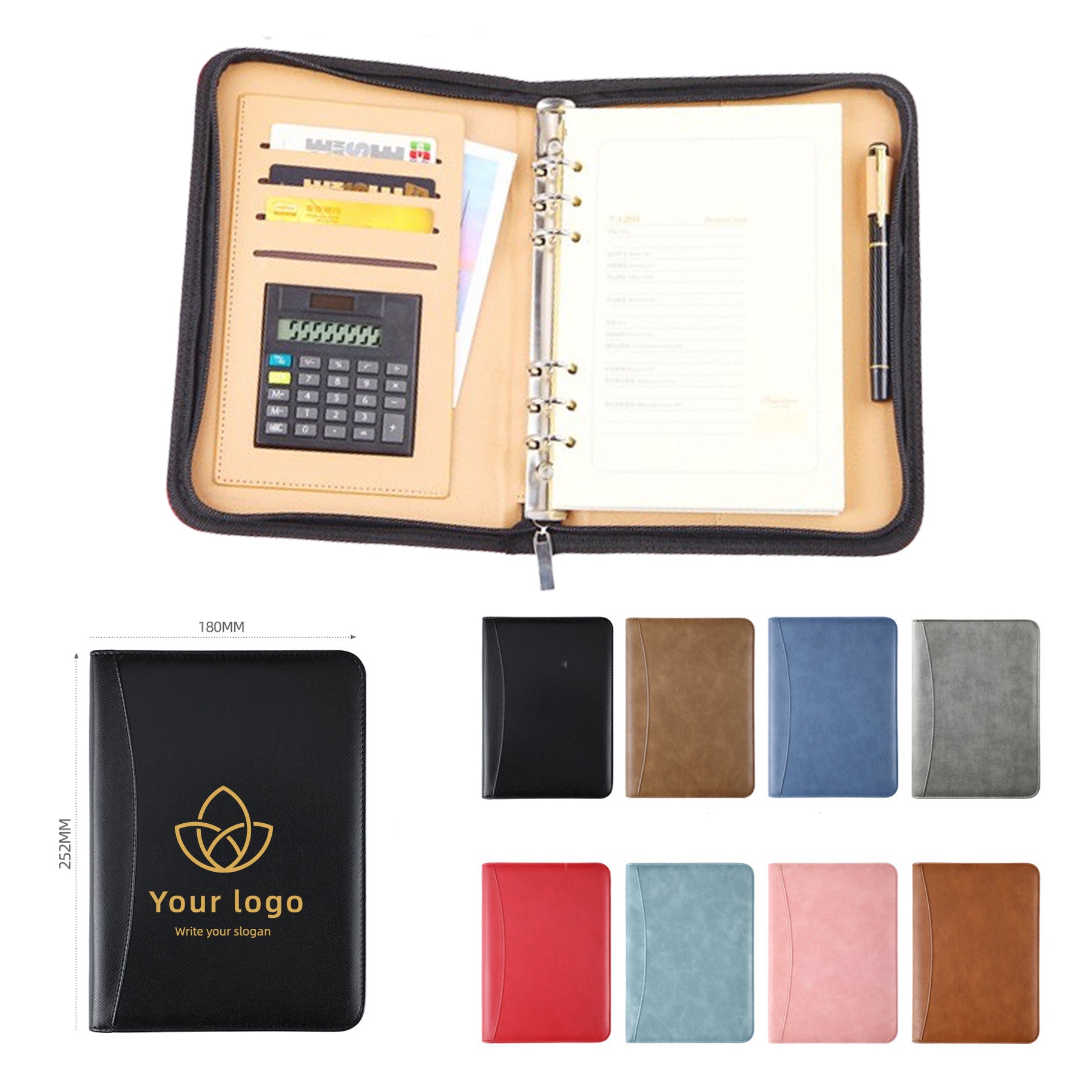 A5 Business PU Leather Zipper Bag Loose Leaf Notebook With Calculator