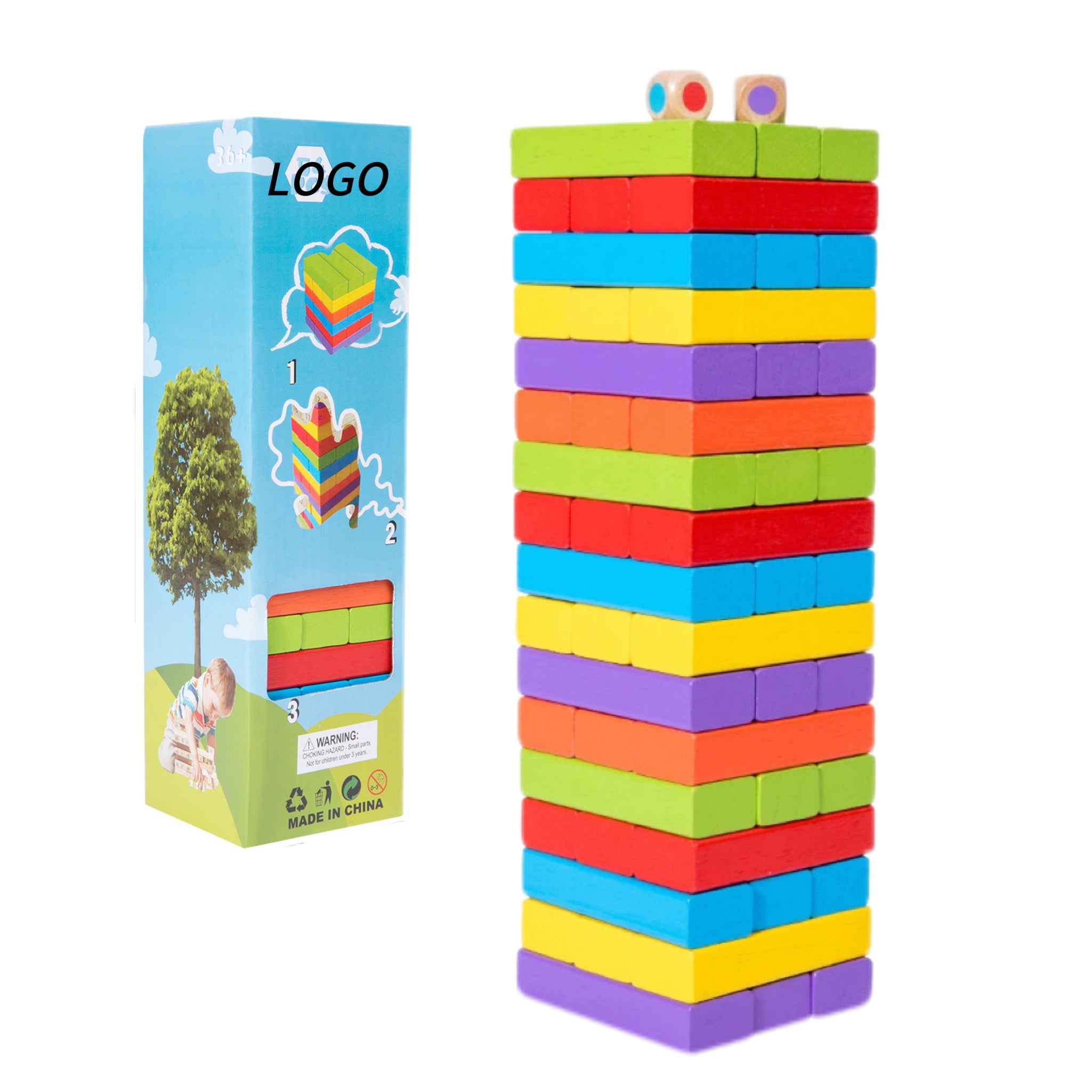 Colorful Rubber Wood Stacking Tower Game (51 Blocks + 2 Dice)